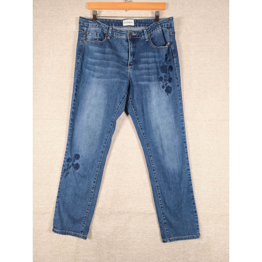 Peck & Peck Womens Floral Embroidered Straight Leg Jeans Medium Wash Blue Sz 12